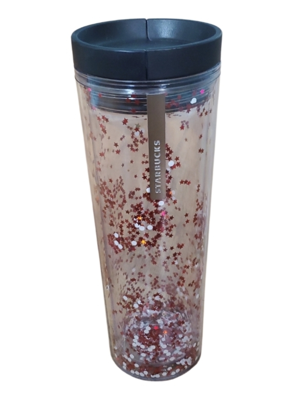 Starbucks Clear 2013 Red Stars & White Circle Confetti Glitter 16oz Tumbler